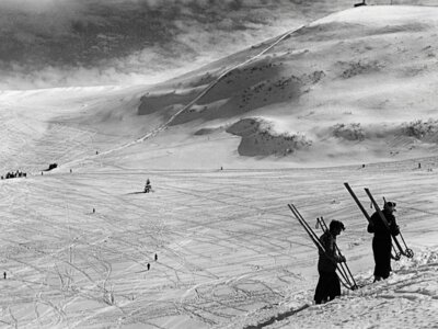 Skifahrer tragen Skier den Berg hoch | © Shutterstock Österreich, Wintersaison, Skisaison, Skifahrer | © Shutterstock