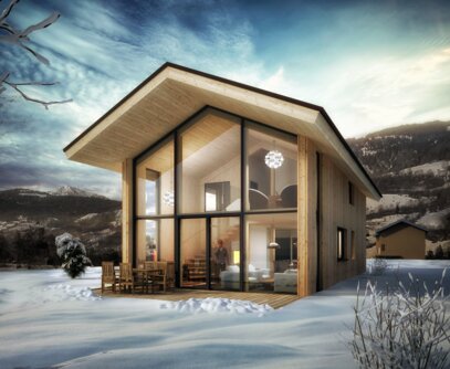 Chalet in den österreichischen Alpen Alpendämmerung im Chalet in den Alpen
